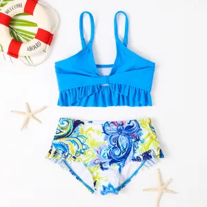 Girl Fashion Cute Pleated Top Printed Shorts Swimwear Two-Piece Set Nylon