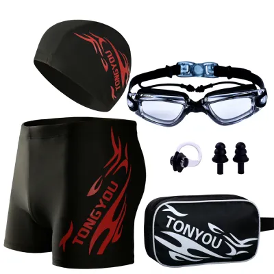 Men Fashion Casual Printed Goggles Cap Swimming Trunks Set