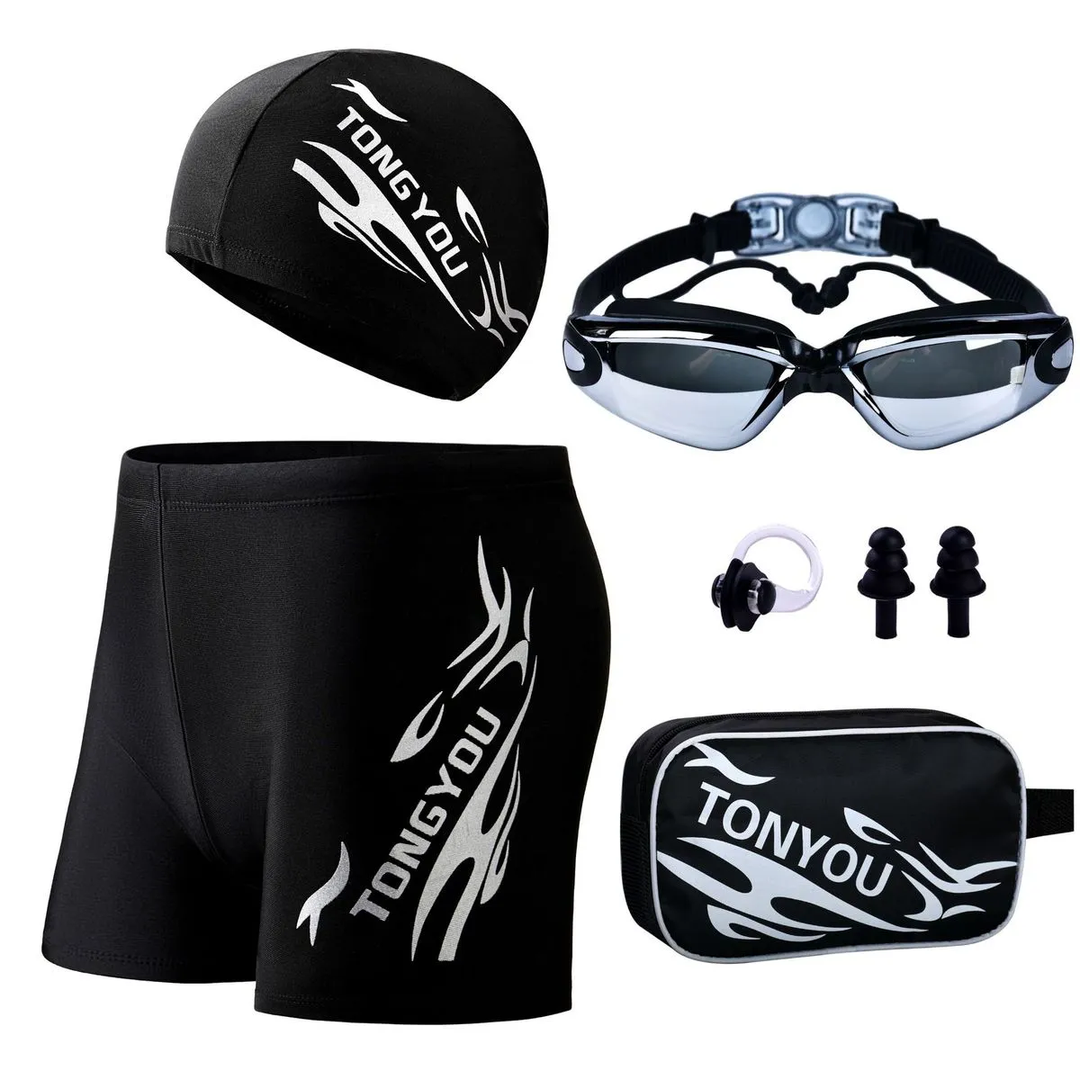 Men Fashion Casual Printed Goggles Cap Swimming Trunks Set