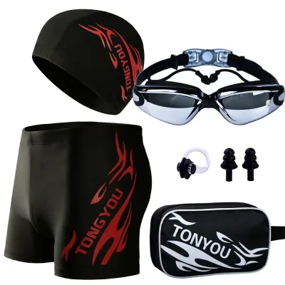 Men Fashion Casual Printed Goggles Cap Swimming Trunks Set