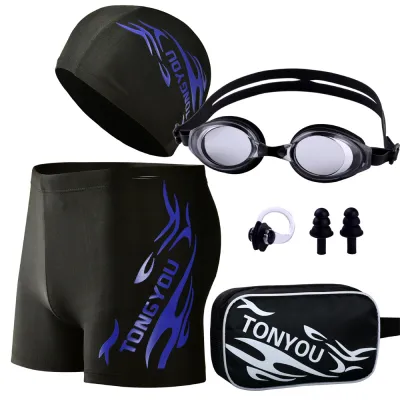 Men Fashion Casual Printed Goggles Cap Swimming Trunks Set