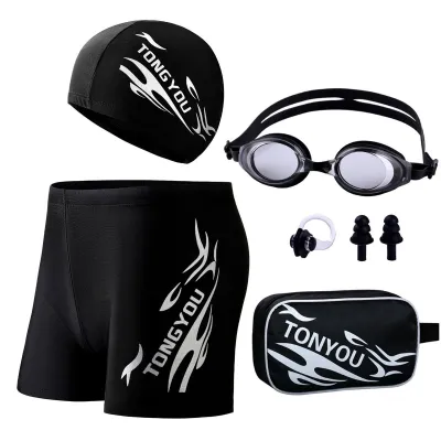 Men Fashion Casual Printed Goggles Cap Swimming Trunks Set