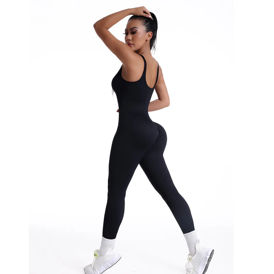 Women Solid Color V-Neck Sleeveless Backless Seamless Yoga Sports Jumpsuit