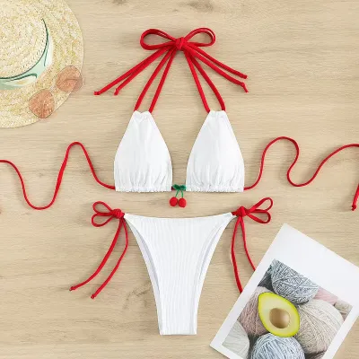 Women Sexy Cherry Contrast Color Halter-Neck Lace-Up Bikini Swimsuit