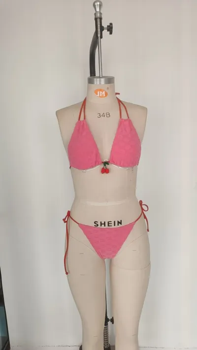 Women Sexy Cherry Contrast Color Halter-Neck Lace-Up Bikini Swimsuit
