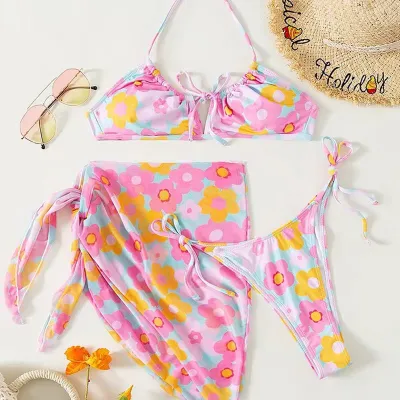 Women Sexy Floral Printed Halter-Neck Lace-Up Bikini Swimsuit Three-Piece Set