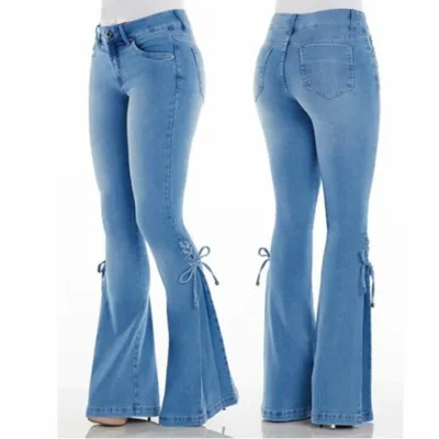 Women Fashion Sexy Mid-Waist Lace-Up Stretch Flared Jeans