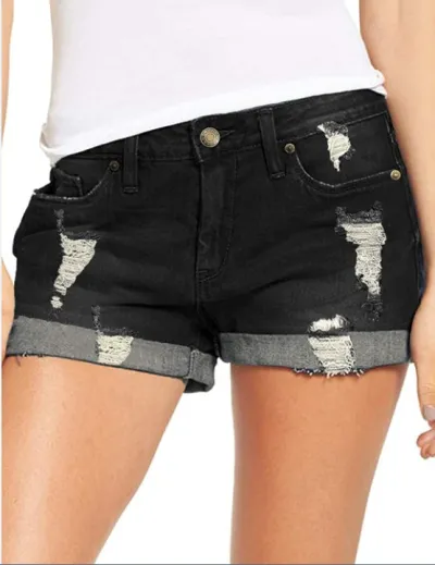 Women's Casual Stretch Denim Shorts with Rip-Hem