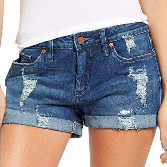 Women's Casual Stretch Denim Shorts with Rip-Hem