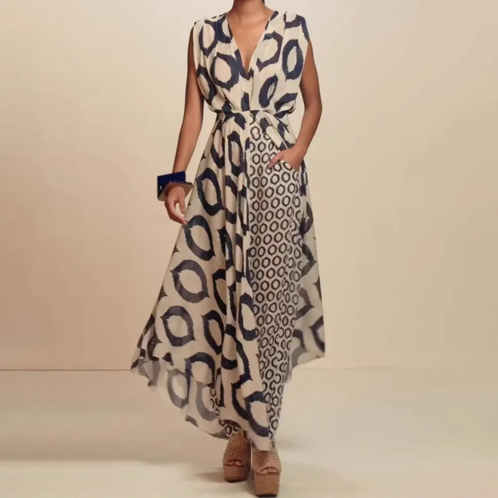 Women Casual Elegant Printed V-Neck Sleeveless Lace-Up Top Slim-Fit Pants Two-Piece Set