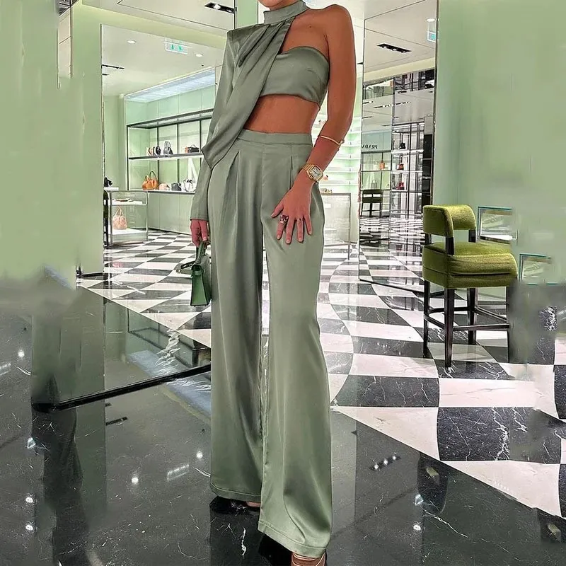 Women Fashion Elegant Irregular Slant Shoulder Long-Sleeve Top Wide Leg Pants Two-Piece Set