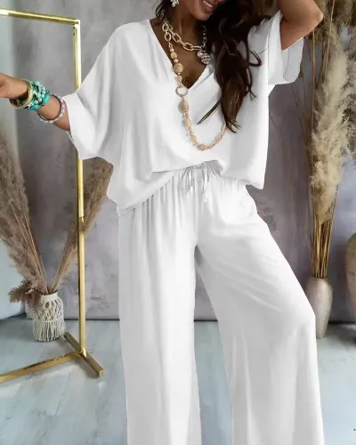 Women Casual Solid Color Loose V-Neck Bat Sleeve Top Wide Leg Pants Two-Piece Set