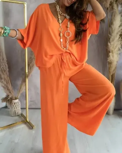 Women Casual Solid Color Loose V-Neck Bat Sleeve Top Wide Leg Pants Two-Piece Set