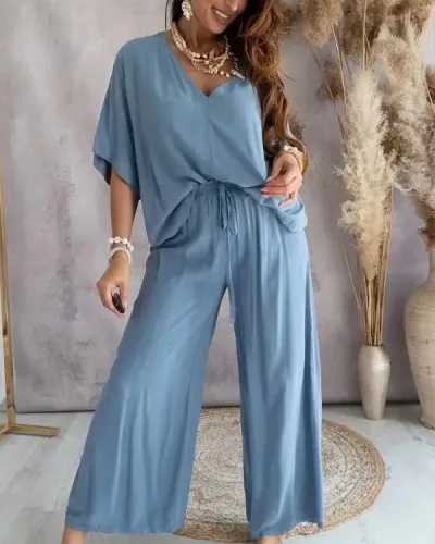 Women Casual Solid Color Loose V-Neck Bat Sleeve Top Wide Leg Pants Two-Piece Set