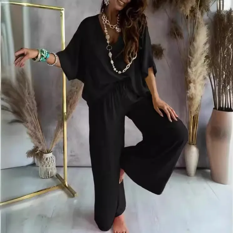 Women Casual Solid Color Loose V-Neck Bat Sleeve Top Wide Leg Pants Two-Piece Set