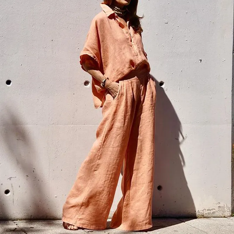 Women Casual Solid Color Loose Cotton Linen Lapel Short-Sleeve Blouse Wide Leg Pants Two-Piece Set