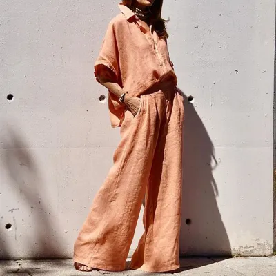 Women Fashion Casual Solid Color Loose Cotton And Linen Lapel Short-Sleeve Blouse Wide Leg Pants Two-Piece Set