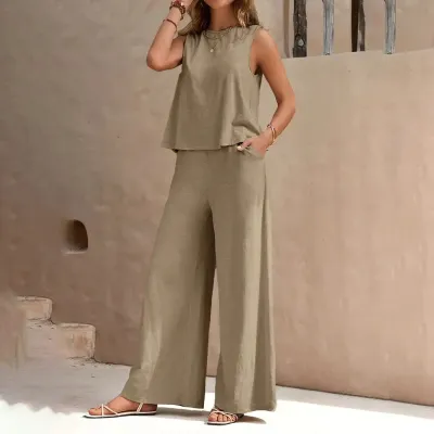 Women Casual Elegant Solid Color Loose Tank Top Wide Leg Pants Two-Piece Set
