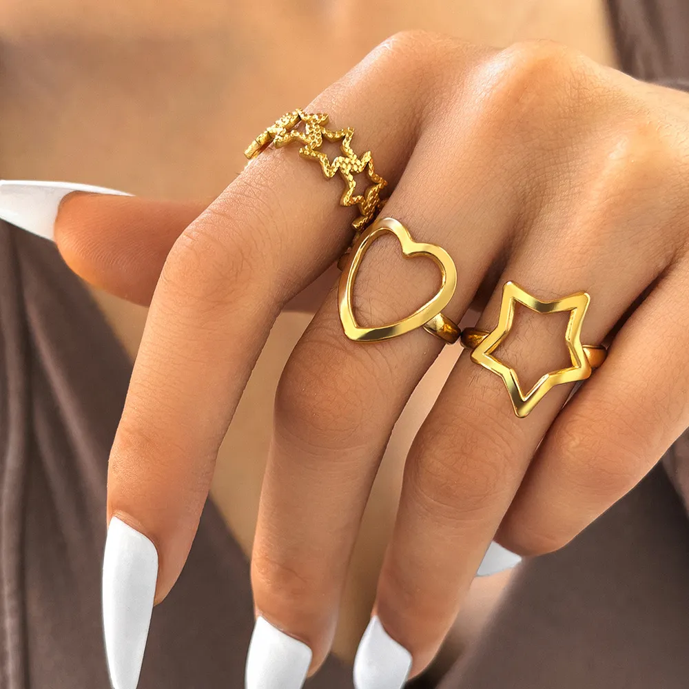 Women Fashion 18k Love And Pentagram Shaped Ring Set