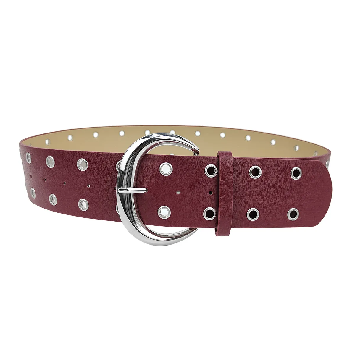 Women Fashion Solid Color Porous Wide PU Leather Belt