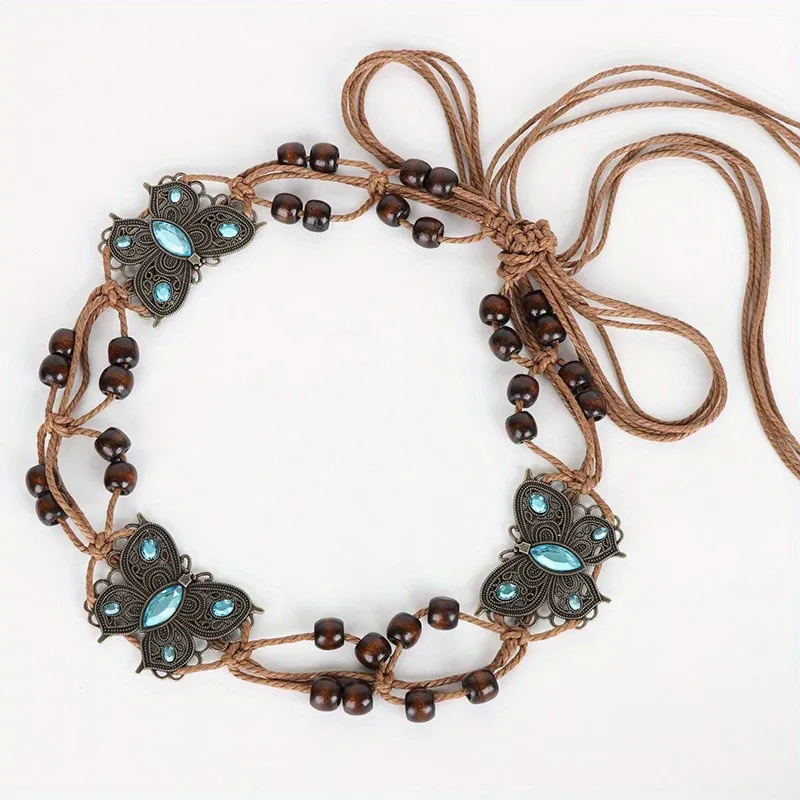 Women Fashion Boho Handmade Woven Butterfly Turquoise Metal Belt