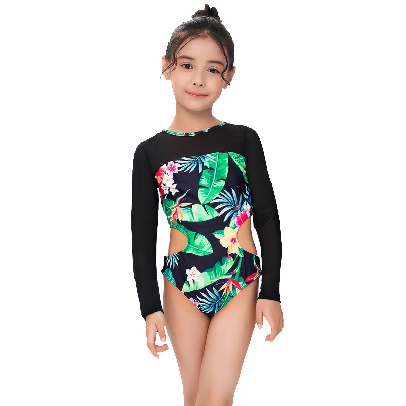 Girls Fashion Tiny Flower Printed Long Sleeve Hollow-Out One-Piece Swimsuit