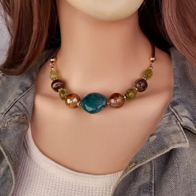 Classic Vintage Handmade Wood Beaded Geometric Necklace Acrylic Multicolor