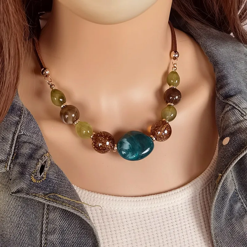 Classic Vintage Handmade Wood Beaded Geometric Necklace Acrylic Multicolor