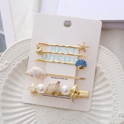 Women Summer Vacation Shell Pearl Hair Clip Bobby Pins Set