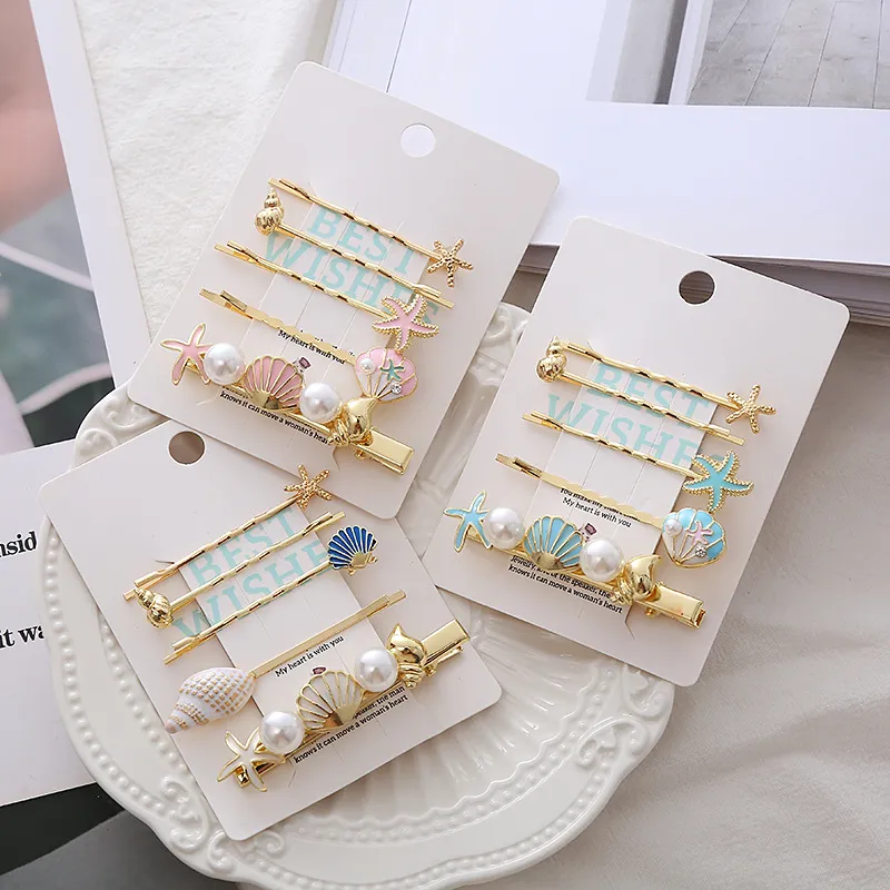 Women Summer Vacation Shell Pearl Hair Clip Bobby Pins Set