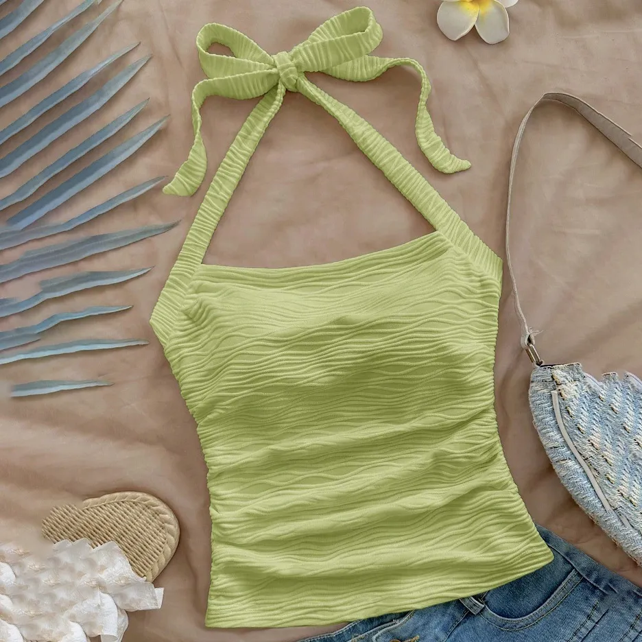 Women Fashion Sexy Solid Color Halter-Neck Lace-Up Tank Top
