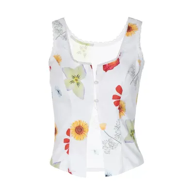 Women Floral Printed Lace Edge Splicing Tank Top
