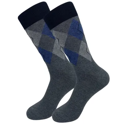 Men's Fashion Casual Stripe Long Cotton Socks with Diamond Pattern