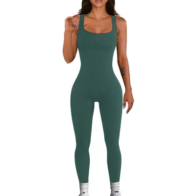 Women's Solid Color Sleeveless Tight Jumpsuit - Nylon Spandex Blend Leg-Bundled Pants