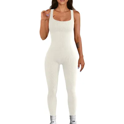 Women's Solid Color Sleeveless Tight Jumpsuit - Nylon Spandex Blend Leg-Bundled Pants