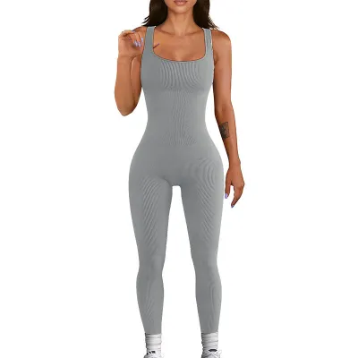 Women's Solid Color Sleeveless Tight Jumpsuit - Nylon Spandex Blend Leg-Bundled Pants