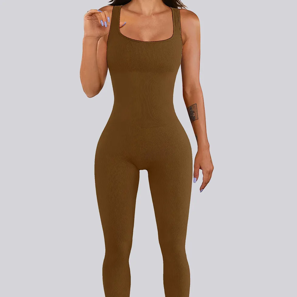 Women's Solid Color Sleeveless Tight Jumpsuit - Nylon Spandex Blend Leg-Bundled Pants