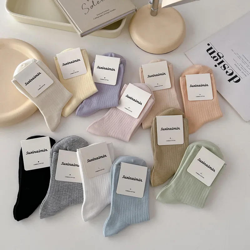 Women's Fashion Simple Thin Solid Color Mid-Tube Cotton Socks