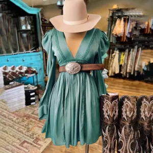 Women Elegant Western V-Neck Long Bubble Sleeve Pleated Midi Dress