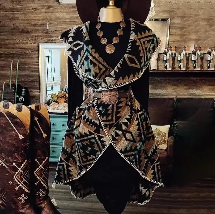 Women Retro Western Geometric Printed Imitation Wool Lapel Sleeveless Coat
