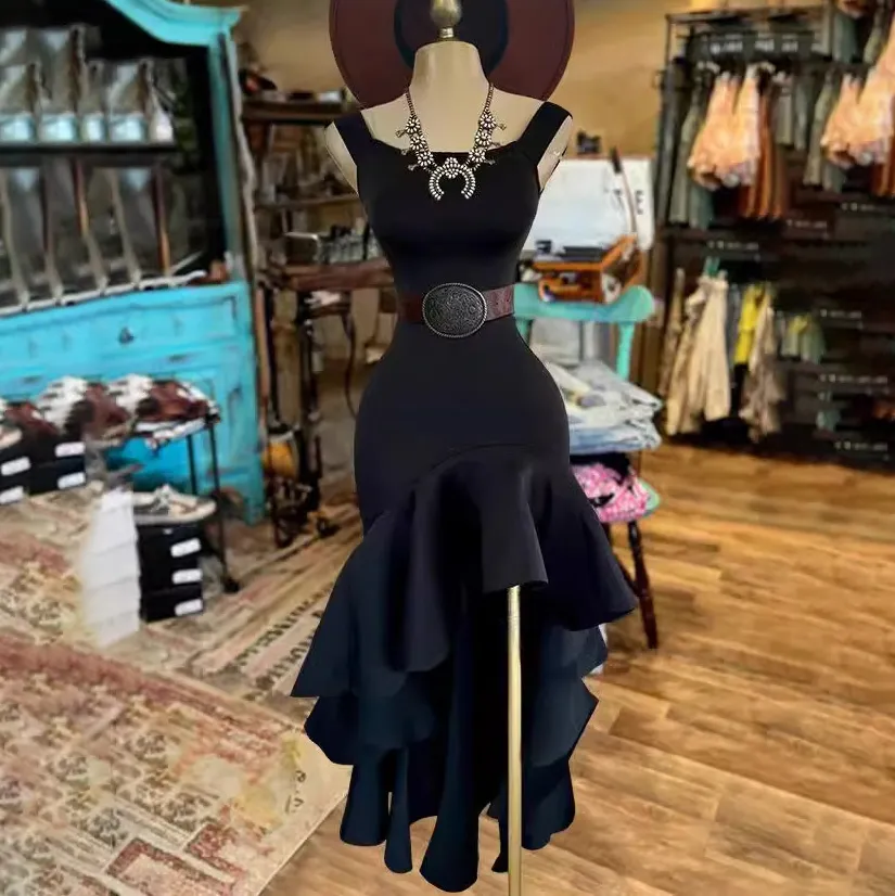 Women Elegant Western Solid Color Sleeveless Slim Fit Ruffle Dress