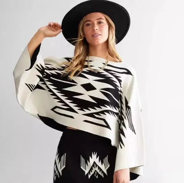 Women Casual Street Hipster Western Digital Printed Bat Sleeve Loose Knitted Top