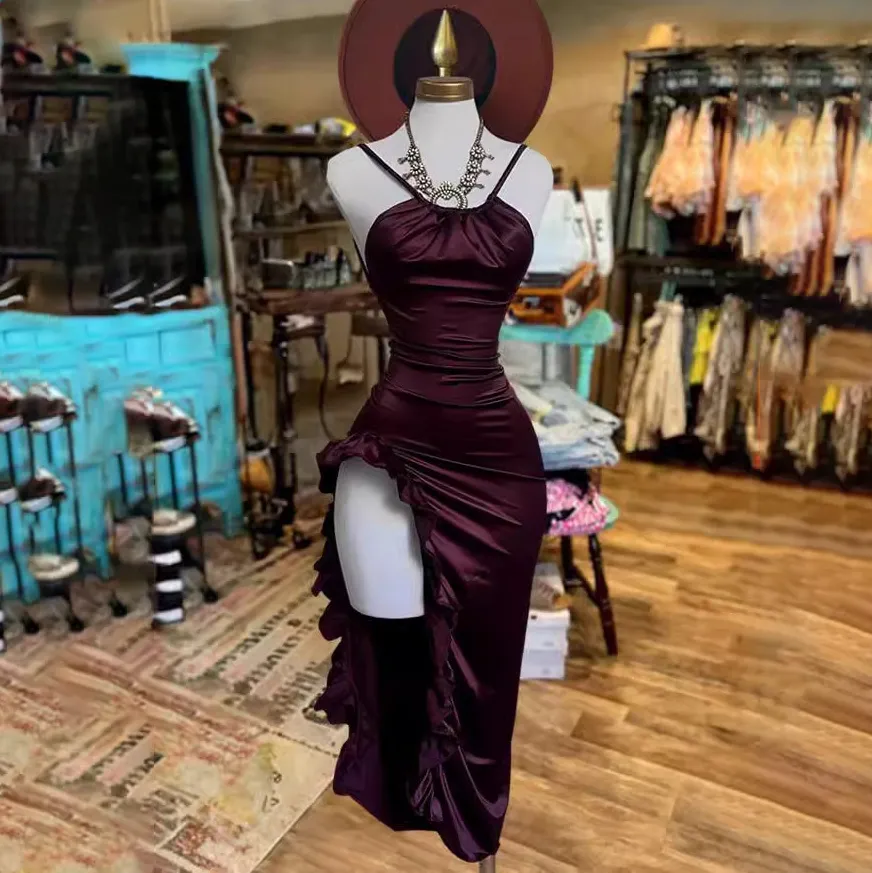 Women Sexy Western Irregular Solid Color Sleeveless Backless Split Dress
