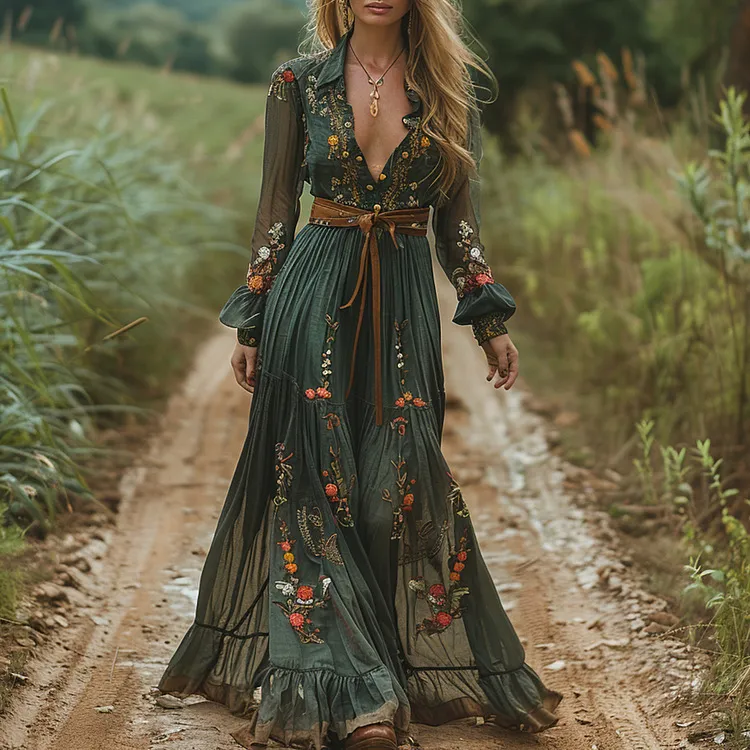 Women Casual Boho Floral Printed Lapel Long Sleeve Pleated Maxi Dress