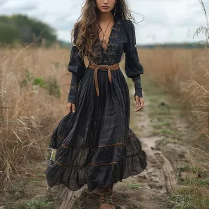 Women Retro Boho Embroidered V-Neck Long-Sleeve Pleated Maxi Dress