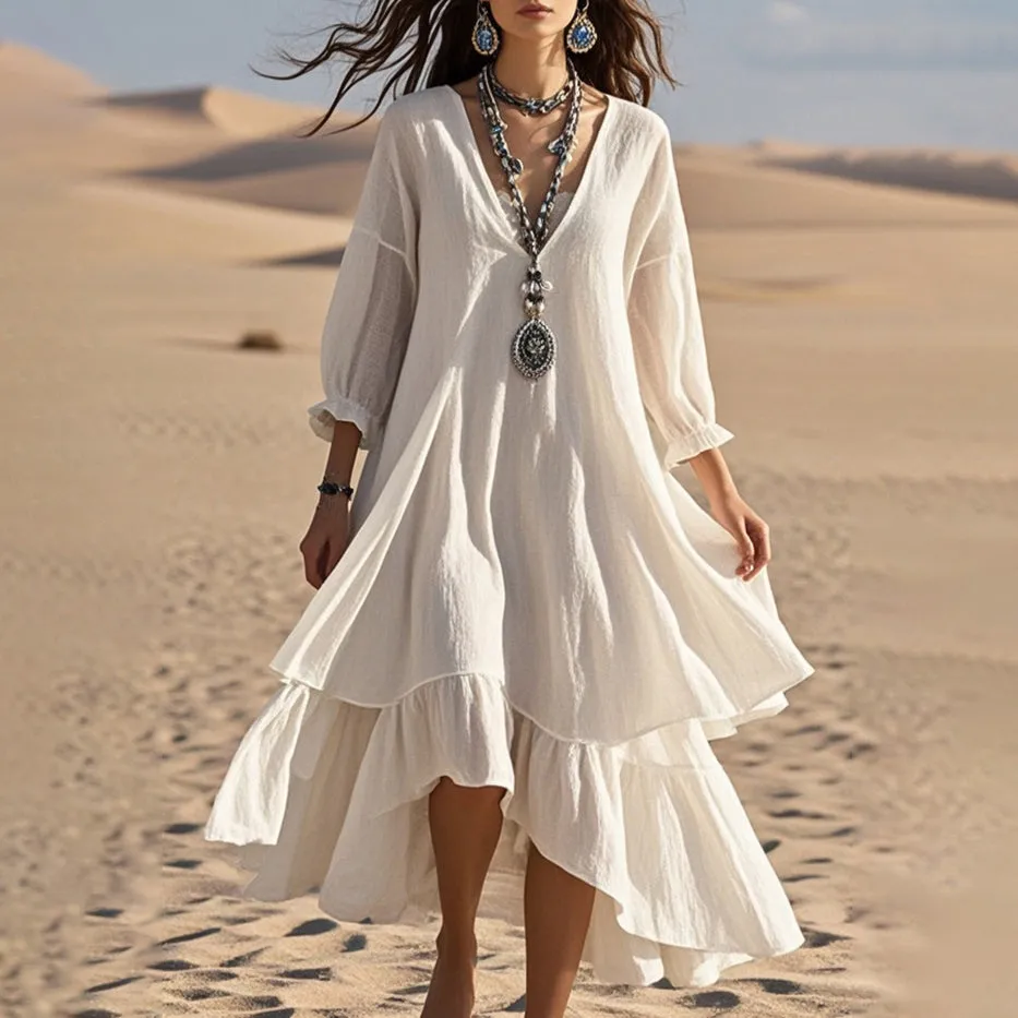 Women Fashion Boho Cotton And Linen Solid Color V-Neck Long Sleeve Loose Maxi Dress