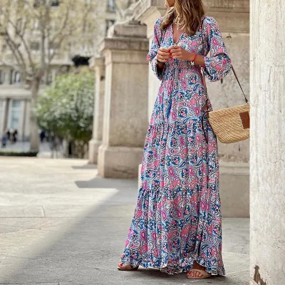 Women Elegant Boho Printed V-Neck Long-Sleeve Loose Dress