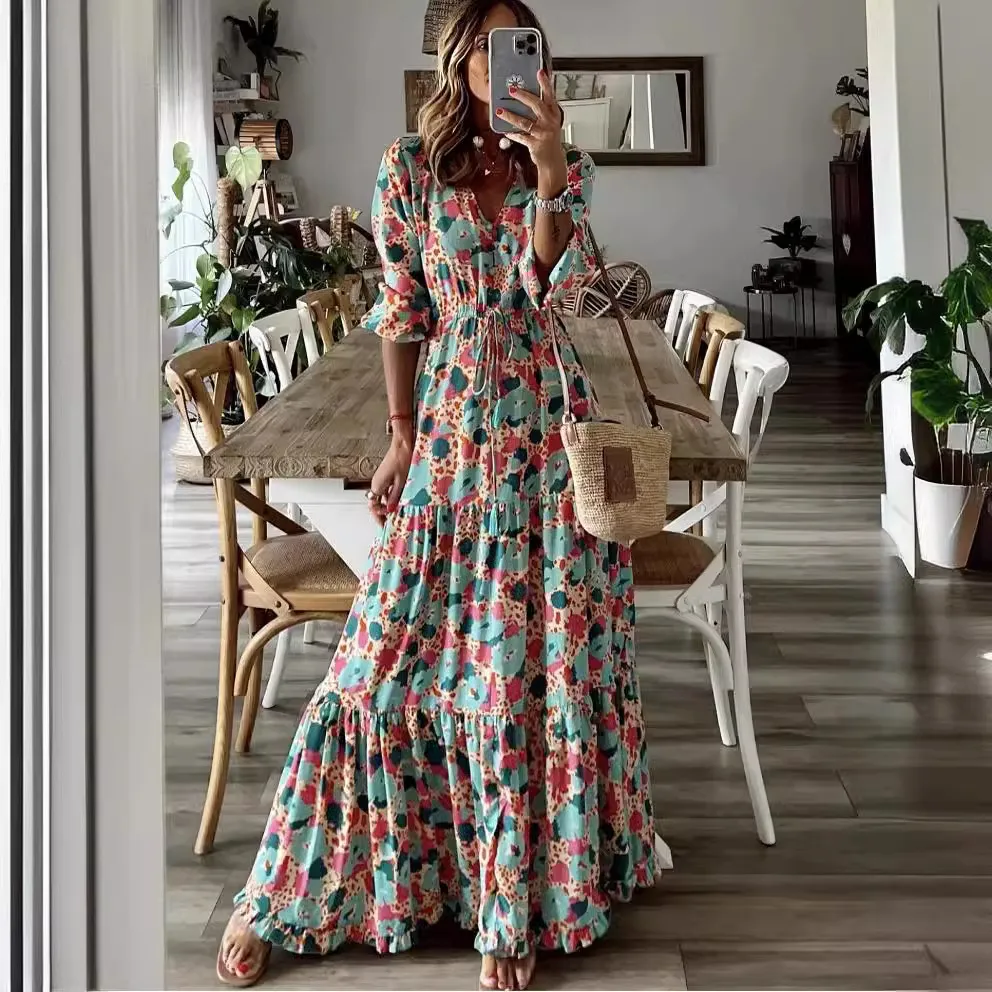 Women Elegant Boho Printed V-Neck Long-Sleeve Loose Dress