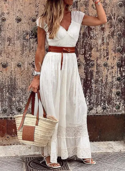 Women Elegant Boho Lace Stitching V-Neck Short-Sleeve Maxi Dress