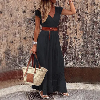 Women Elegant Boho Lace Stitching V-Neck Short-Sleeve Maxi Dress